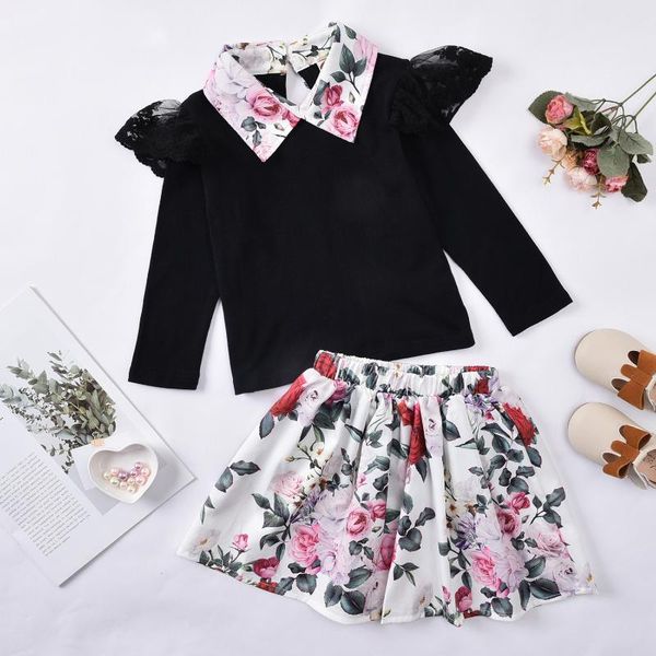 

clothing sets 2021 autumn fashion baby girls kids clothes set lace ruffles long sleeve flower skirt 1-6 years, White