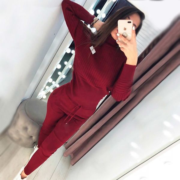 

women's taotrees autumn knit suits sweater solid turtleneck pullovers and elastic waist trouse ln17, Gray