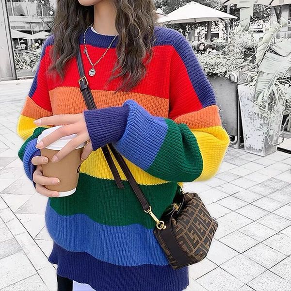 

rainbow stripe sweater women's autumn and winter loose pullover casual, White;black