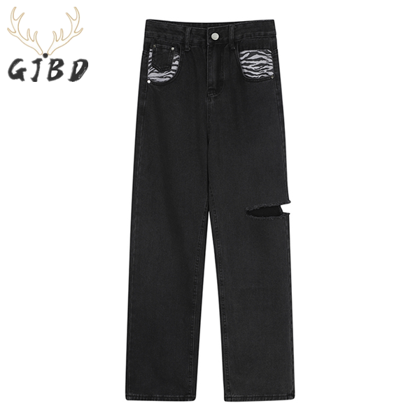 

women's jeans black high waist women ripped streetwear vintage baggy straight denim trouser korean fashion ladies trend long pants, Blue