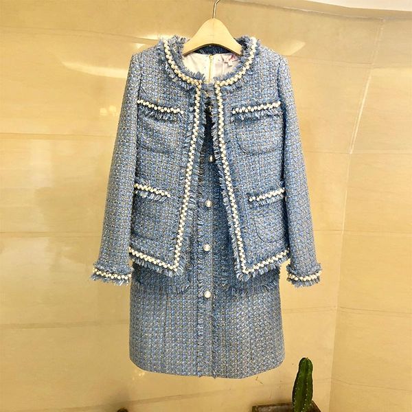 

women's jackets tweed coat 2021 blue spring autumn beading long sleeve woolen fringed trim tassels pearl pocket office jacket, Black;brown