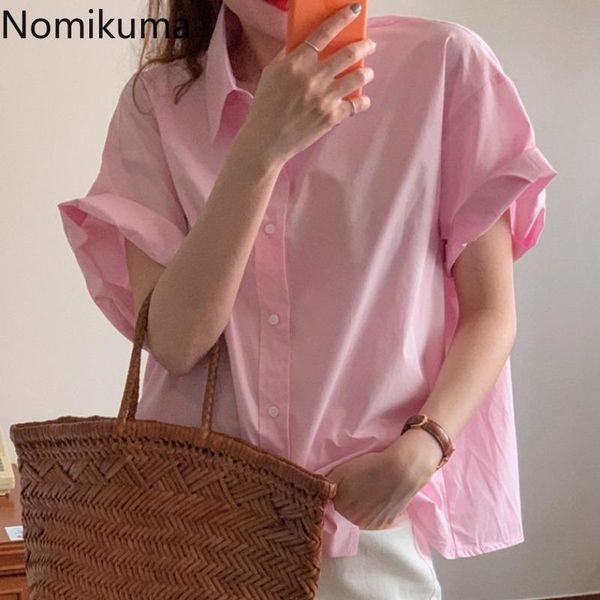 

women's blouses & shirts nomikuma 2021 summer short sleeve blouse shirt causal turn-down collar womens solid blusas mujer de moda 6j54, White