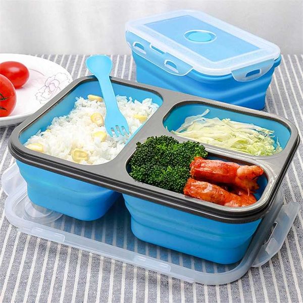 1100 ml 3 Zellen Silikon faltbare Lunchbox faltbare Bento-Box Reisen im Freien Lebensmittelaufbewahrungsbehälter umweltfreundliche Lunchbox 211108