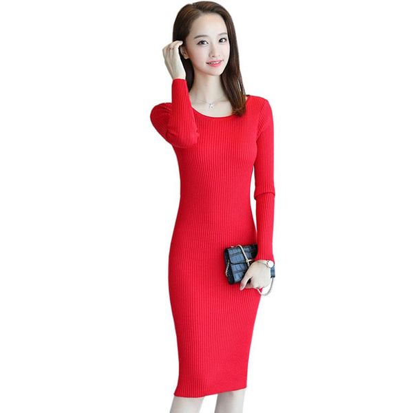 

casual dresses women spring autumn knitted dress fashion bodycon elastic warm long sleeve sweater, Black;gray