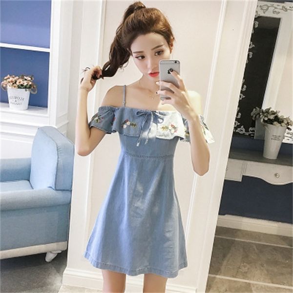

new female fashions a shoulder-embroidered temperament self-cultivating sweet slingsseams ladies denim dress 8ku3, Black;gray