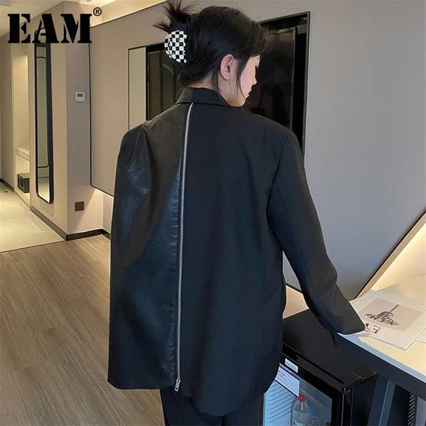 

[eam] women black zipper pu leather big size blazer lapel long sleeve loose fit jacket fashion spring autumn 1de0121 211122, White;black