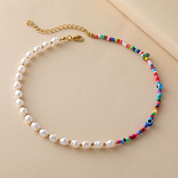 

chokers bohemian asymmetric colorful rice beads simulated pearl splicing chain choker necklaces for women beach chocker jewelry gifts, Golden;silver