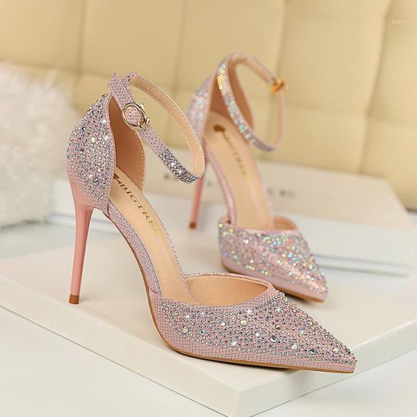 

pink heels woman shoes 2021 zapatos tacon ankle strap shining pumps ladies high sandals women glod 10cm dress, Black