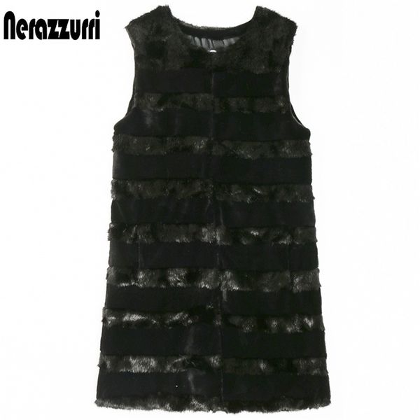 

nerazzurri patchwork faux fur vest women long fluffy mink vests sleeveless jacket for womens clothes arrival 210819, Black;white