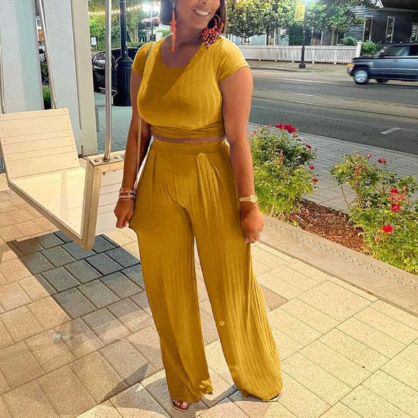 

two piece ribbed casual suits short sleeve crop & slim pants set 210702, White