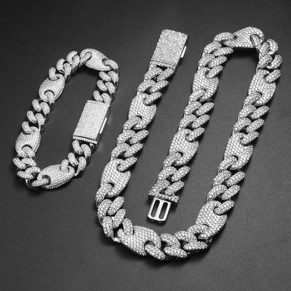 

chains men hip hop iced out bling chain necklace and bracelet for 1set micro pave zircon 16mm cuban necklaces hiphop jewelry, Silver