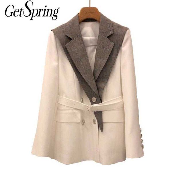 

getspring women blazer patchwork suit double breasted long sleeve ladies coat fashion women's slim jacket 210601, White;black