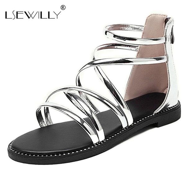

lsewilly 2021 zipper cross strap open toe casual female sandals patent leather flat heel summer fashion women shoes size 34-43, Black