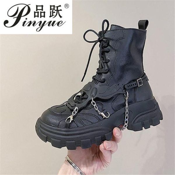 

boots fashion autumn winter women ankle motorcycle gothic punk chain flat platform booties femals shoes, Black