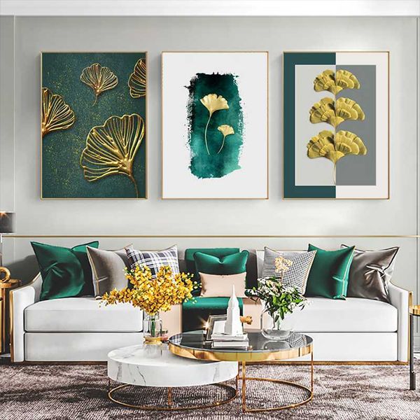 

paintings abstract green yellow gold plant leaf print poster nordic canvas luxury vintage wall art painting picture living room decoration