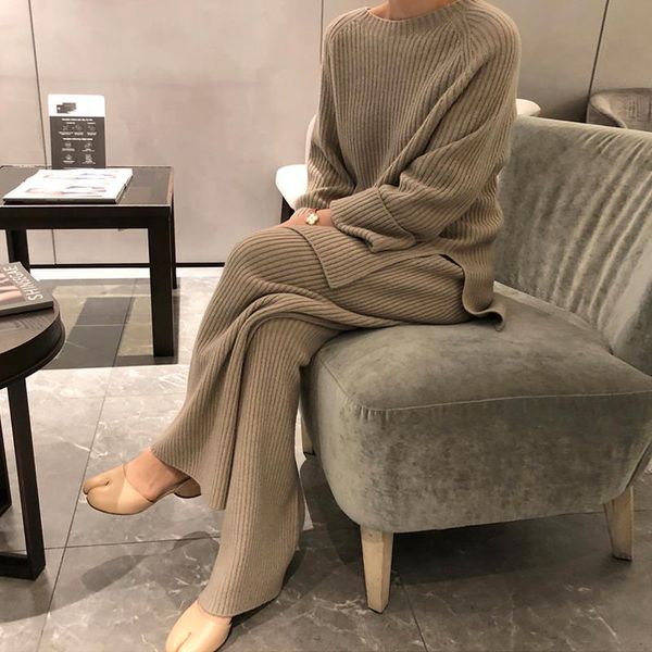 

2021 women autumn winter solid knit 2 piece set lady o-neck sweater + high waist wide leg pant suit female casual loose set i247, White