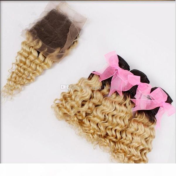 

brazilian hair bundles with 4x4 lace closure deep wave human hair 1b 613 dark root blonde ombre hair extensions ing, Black;brown