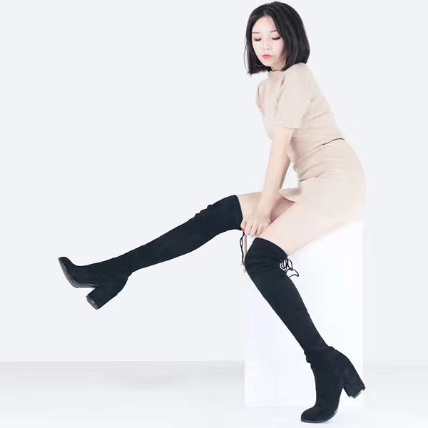 

2021 winter knee high heel boots autumnelastic velvet straps thick heel 6.5cm high barrel thin legs flat bottom female boots, Black