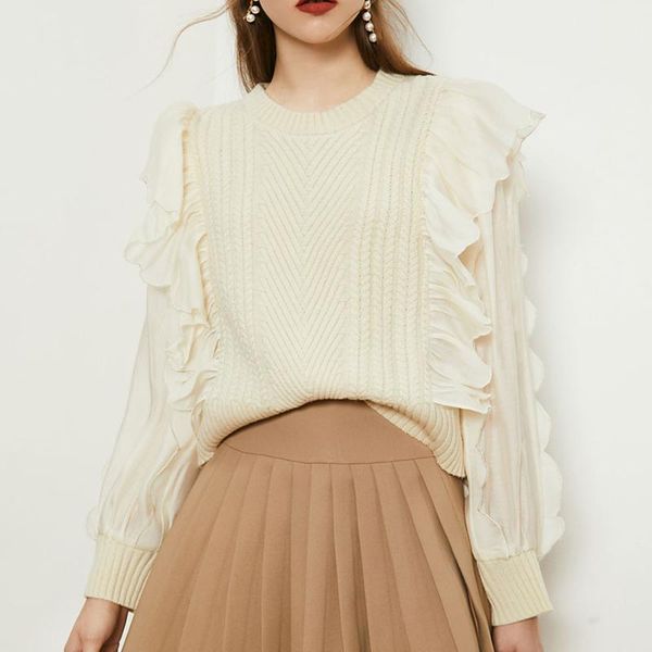 

women's sweaters 2021 women sweater fashion ruffles mesh patchwork sweet long sleeve solid retro stretchy female knitted clothes winter, White;black