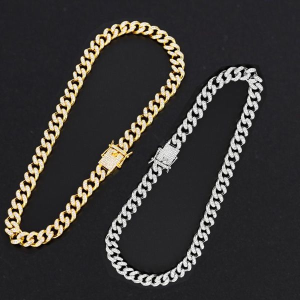 

pendant necklaces 13mm iced out cuban necklace chain hip hop jewelry choker gold silver color rhinestone cz clasp for mens rapper link a+