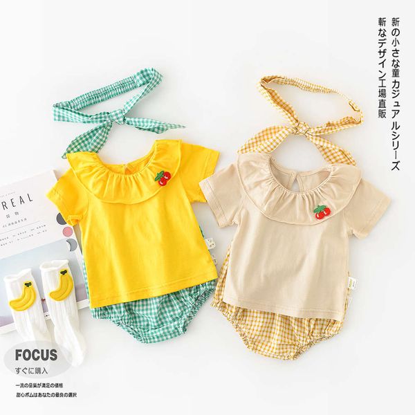 

summer children's suit korean baby girls wear short sleeve two piece hair belt, White