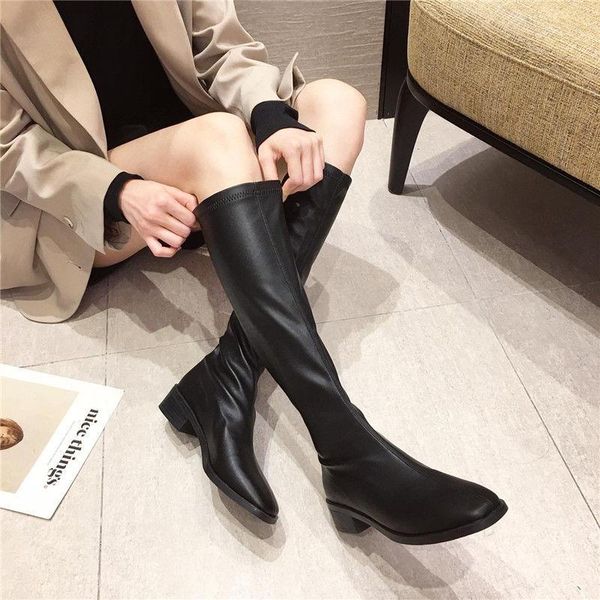 

boots 2021 ins fashion women black block high heels long winter warm knee soft leather thigh shoes