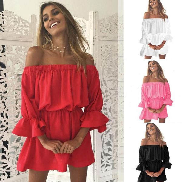 

casual dresses women strapless collar corset summer dress ruffle lotus leaf sundress seven-point sleeve, Black;gray