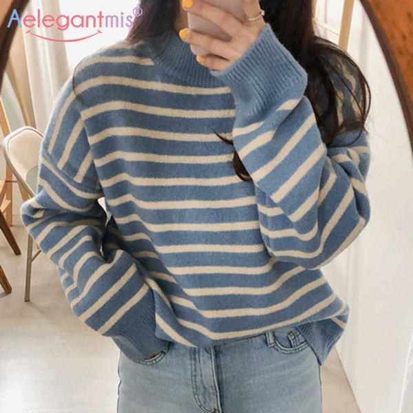 

aelegantmis vintage classic wome blue white striped sweater pullover korean fashion casual loose female knitted jumper retro 210607, White;black