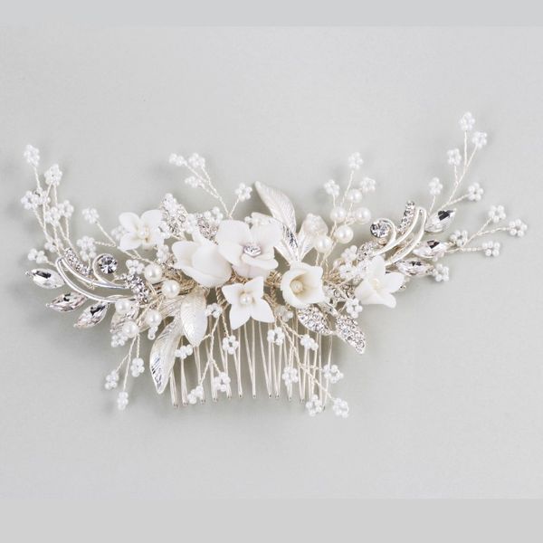 Çarpıcı Çiçek Başlığı Gelin Gümüş Renk Tarak Parçası İnciler Kadın Balo Saç Takı Düğün Aksesuarları