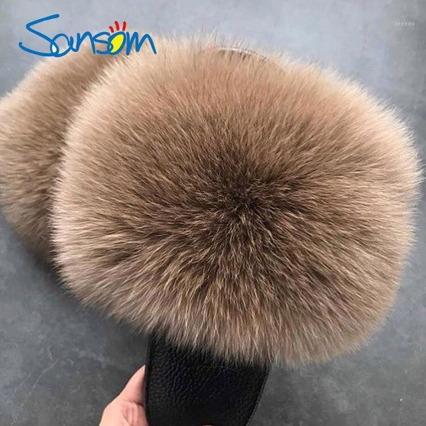 

wholesale 100% real plush fur slippers slides lady summer flip flops cute holiday fluffy raccoon sandals shoes1, Black