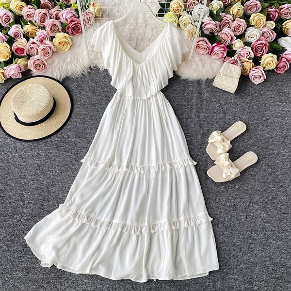

2021 women white big swing beach summer elegant v-neck short sleeve ruffles tassel es female vestidos mujer 5z5l, Black;gray