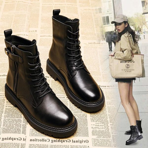 

boots thick bottom short women's ins winter leather fashion spring and autumn single 2021, Black