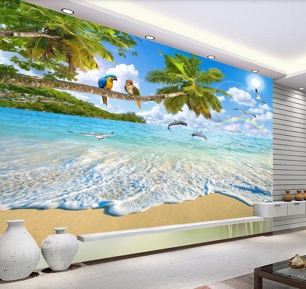 

custom wallpaper 3d murals mediterranean nature scenery landscape coconut tree dolphin bay sofa background wall paper
