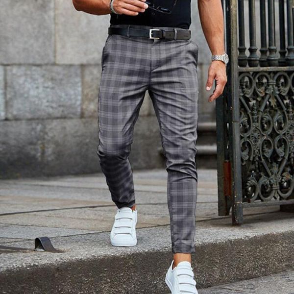 

men's pants spring fashion plaid printed pencil 2022 for mens vintage mid waist button trouser male summer casual long pant streetwear, Black
