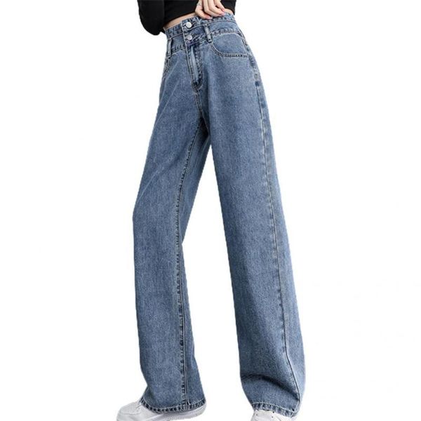 

women's jeans straight all-match skin-friendly high waist wide leg, Blue