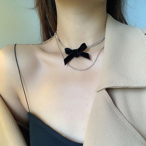 

timeonly delicate double layering black color bowknot choker necklace for women ladies sparkly rhinestones necklaces 2021 new, Golden;silver