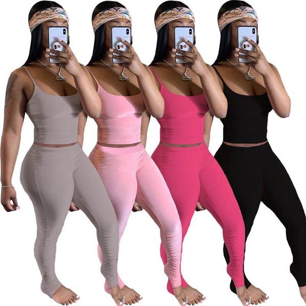 

2021 women summer clothes neon color sleeveless crop and stacked legging pants club outfits two piece matching sets, Gray