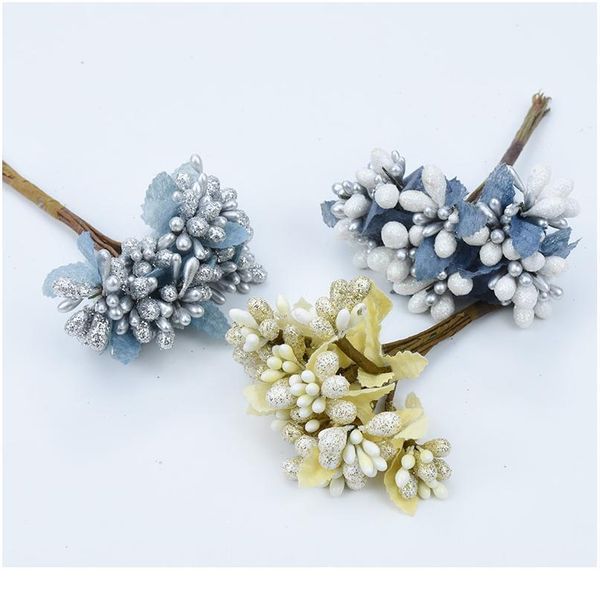 

10pcs artificial flowers bright gold scrapbooking home decoration accessories christmas wreath stamen diy gifts box fak jllzfl
