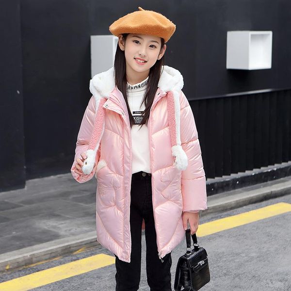 

down coat winter girls plus velvet hooded jacket girl cute cartoon antler children mid-length thick warm snow suit 12, Blue;gray