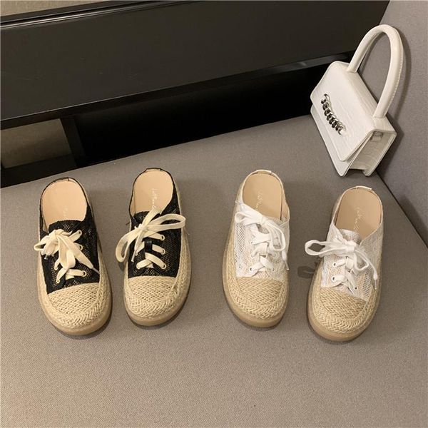 

slippers shoes ladies' low cover toe platform mules for women 2021 lace retro fabric slides basic hoof heels rome pu rubber, Black