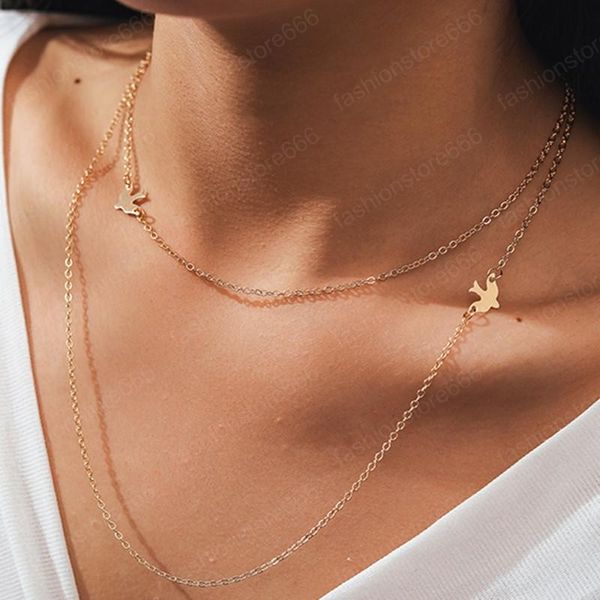 

women fashion chokers necklaces bird alloy double chain pendant short gold chokers charm necklace jewelry gift, Silver