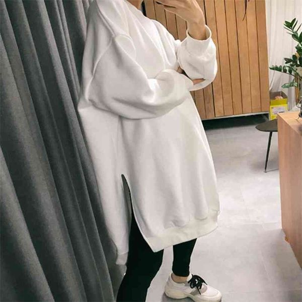 

johnature solid color women sweatshirts autumn winter long slits loose o-neck pullover female hoodies 210813, Black