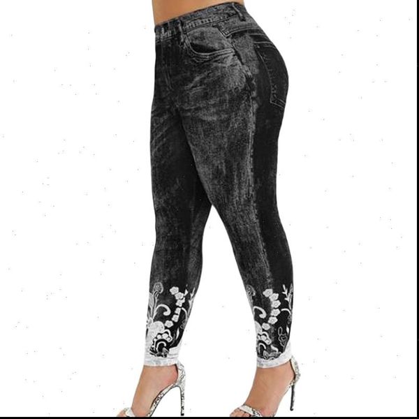 

women gym leggings faux denim jeans leggings pocket printing leggings casual high waist pencil pants plus size pants, Black