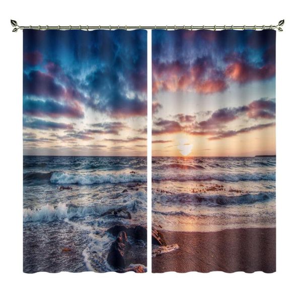

curtain & drapes red and blue sunset coast waves scenery po personality customization living room bedroom black silk material theme