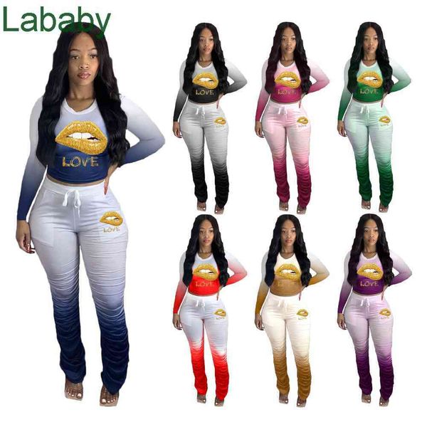 

women tracksuits two pieces set designer outfits wear autumn gradient pile pleated bell bottoms letters pattern pinted casual suits, Gray