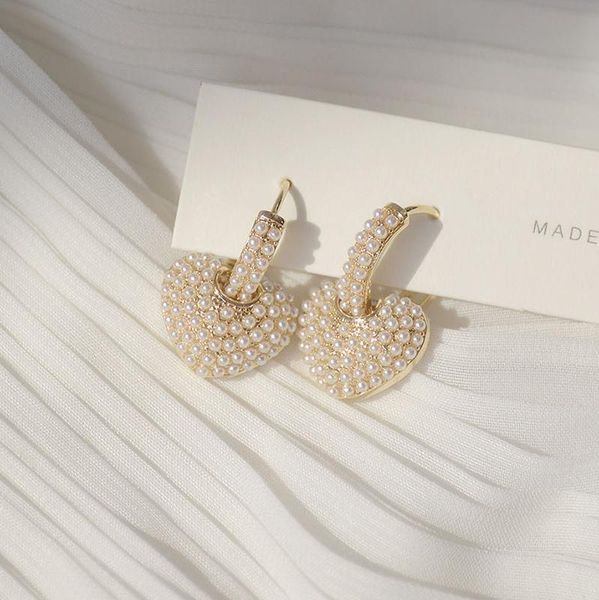 

romantic 14k real gold stud earrings japanese&korea 2021 new arrival elegant pearl beads heart earrings for women, Golden;silver