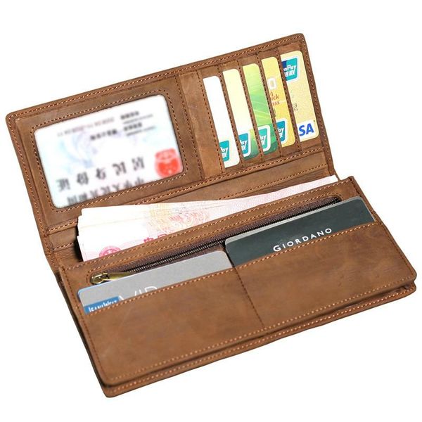 

wallets fashion men's genuine leather long wallet cow retro bag multi-card crazy horse clutch, Red;black