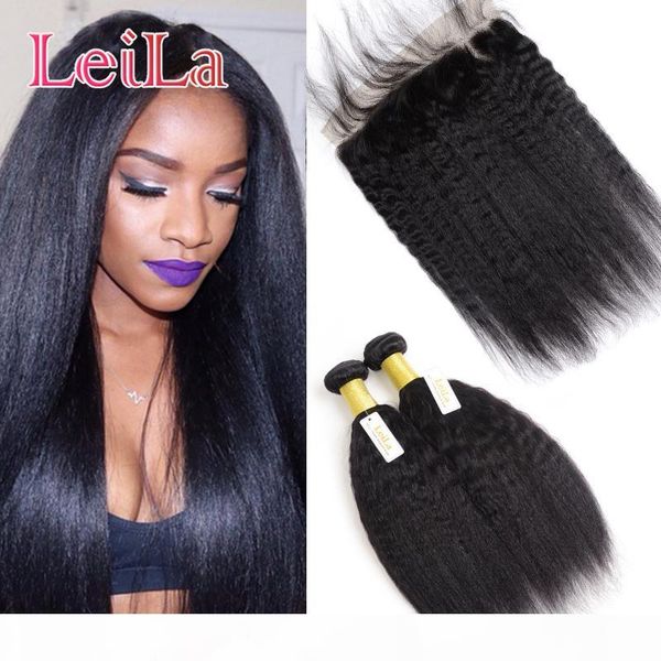 

peruvian kinky straight hair with lace frontal 100% human hair bundles with 13x4 part lace frontal baby hair italian coarse yaki, Black;brown