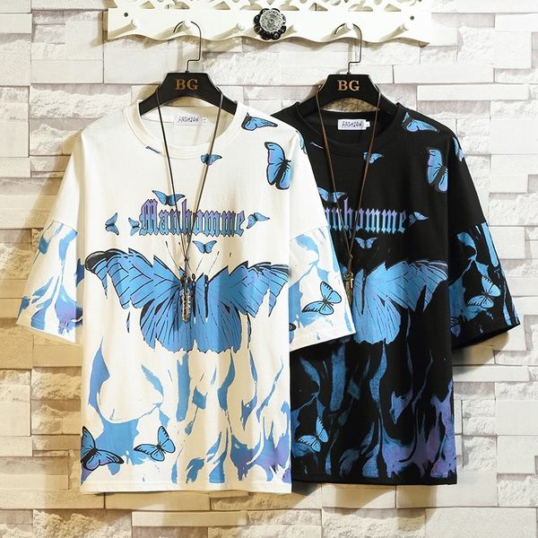 

flame butterfly street fashon t-shirt men summer crew neck men's tshirt hip hop tee shirts 210317, White;black