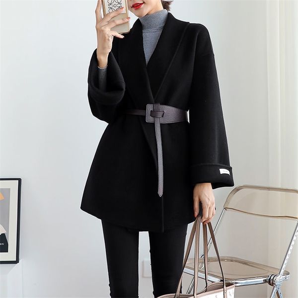 

[ewq] korea chic women's wool short jacket autumn winter casual temperament woolen overcoat with belt female 16e2992 211130, Black